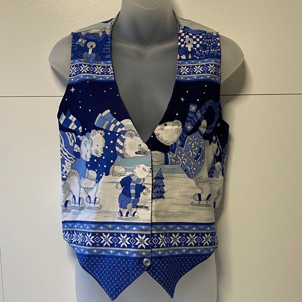 Festive Blue and White Vest with Bear Design